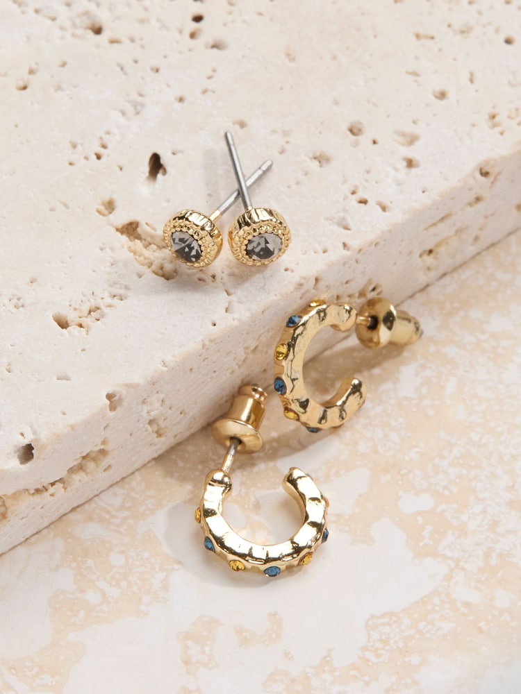 FatFace Gold Tone 2 Pack Of Stud And Huggie Earrings - Image 2 of 2 FatFace Gold Tone 2 Pack Of Stud And Huggie Earrings - Image 2 of 2