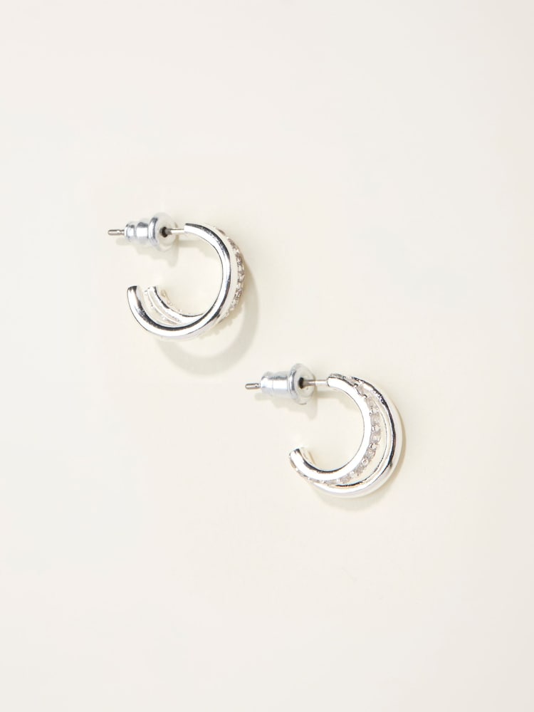 FatFace Silver Tone Gem Double Huggie Earrings - Image 1 of 2