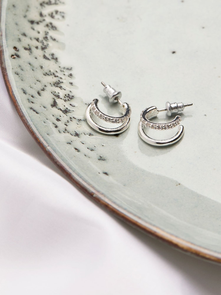 FatFace Silver Tone Gem Double Huggie Earrings - Image 2 of 2