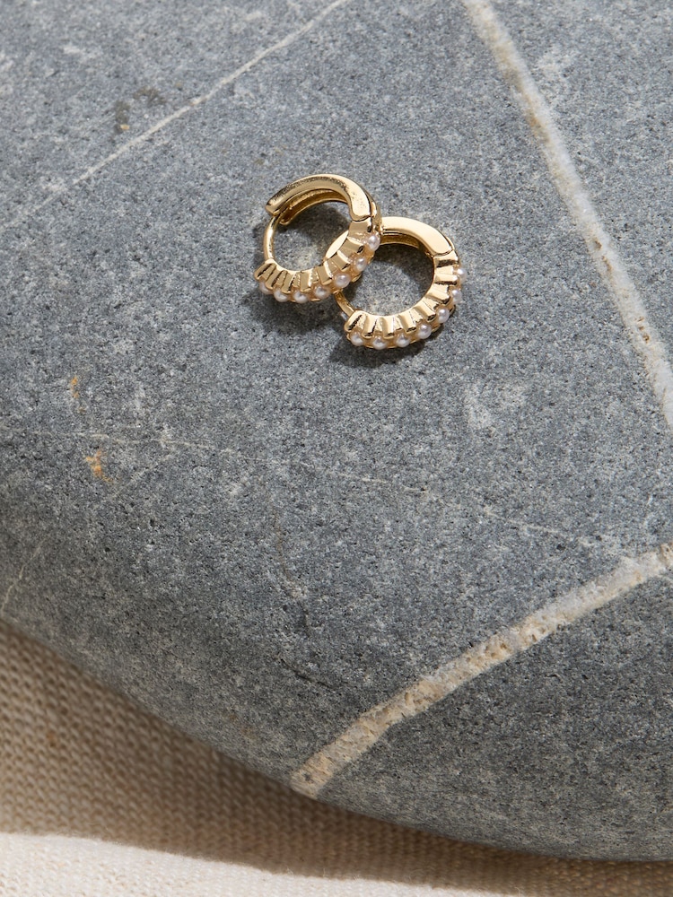 FatFace Gold Tone Pearl Huggie Earrings - Image 2 of 2 FatFace Gold Tone Pearl Huggie Earrings - Image 2 of 2