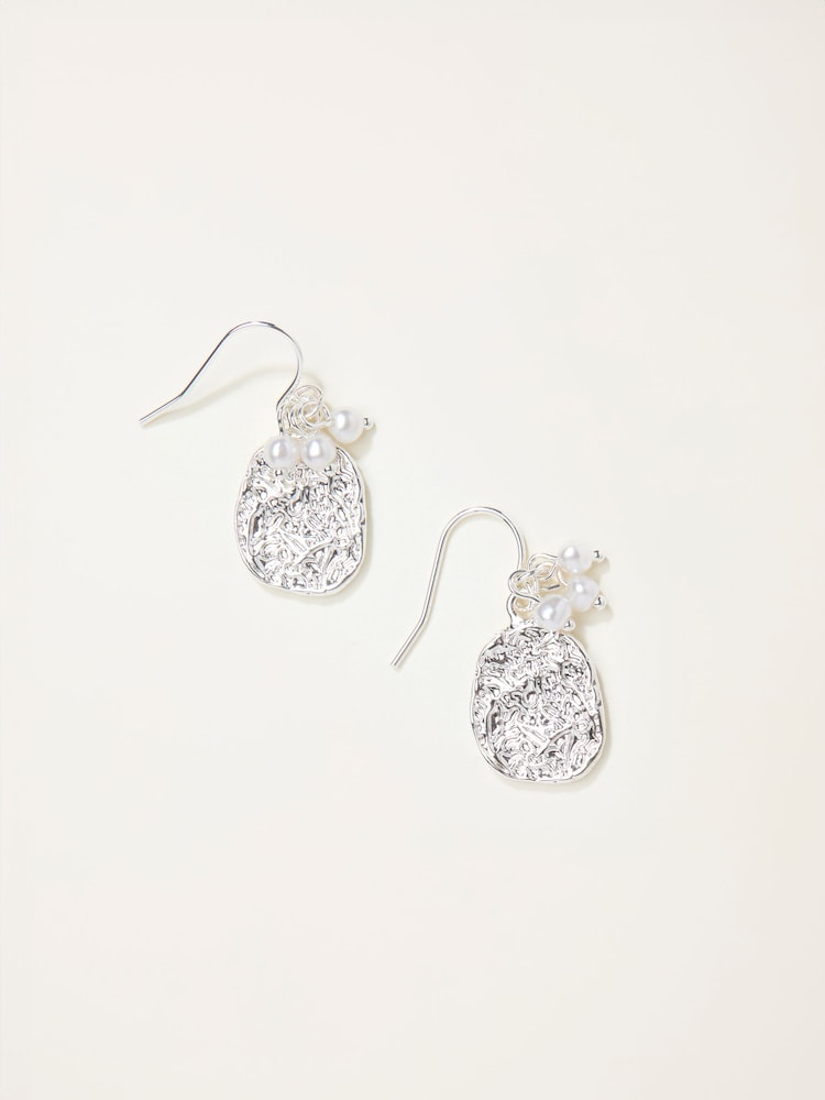 FatFace Silver Tone Hammered Pearl Drop Earrings - Image 1 of 2