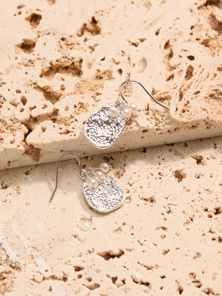 FatFace Silver Tone Hammered Pearl Drop Earrings - Image 2 of 2