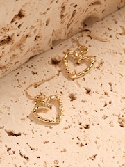 FatFace Gold Tone Hammered Heart Drop Earrings - Image 2 of 2