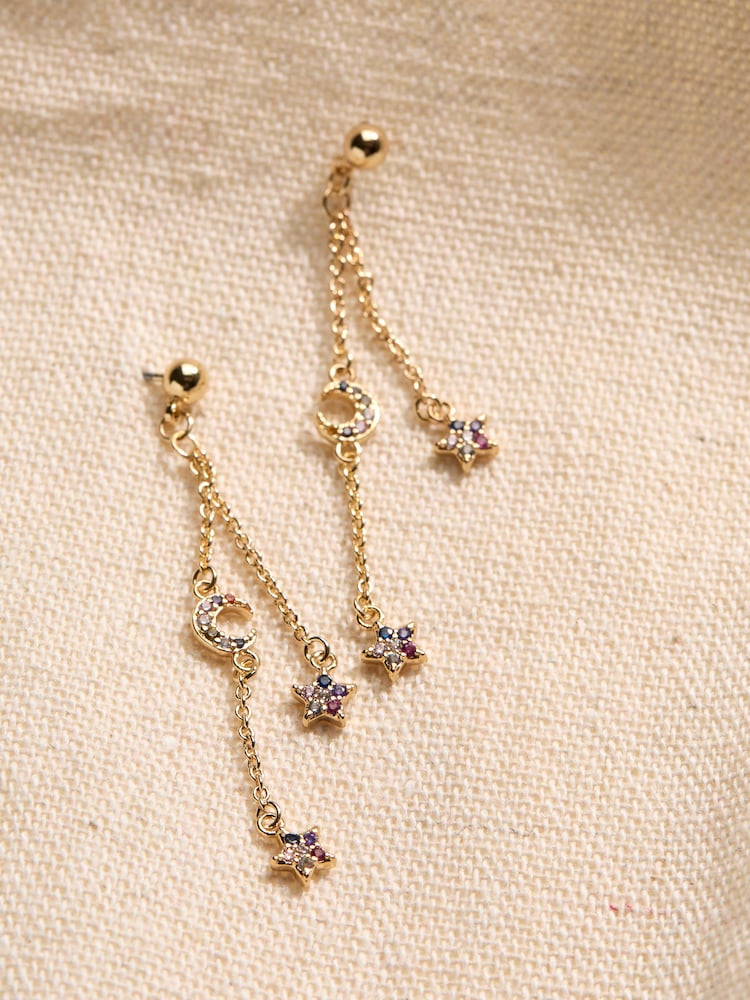 FatFace Gold Tone Star and Moon Chain Earrings - Image 2 of 2 FatFace Gold Tone Star and Moon Chain Earrings - Image 2 of 2