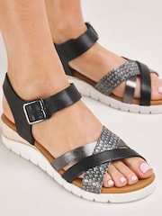 JD Williams Black Extra Wide Fit Leather Crossover Sandals - Image 4 of 4