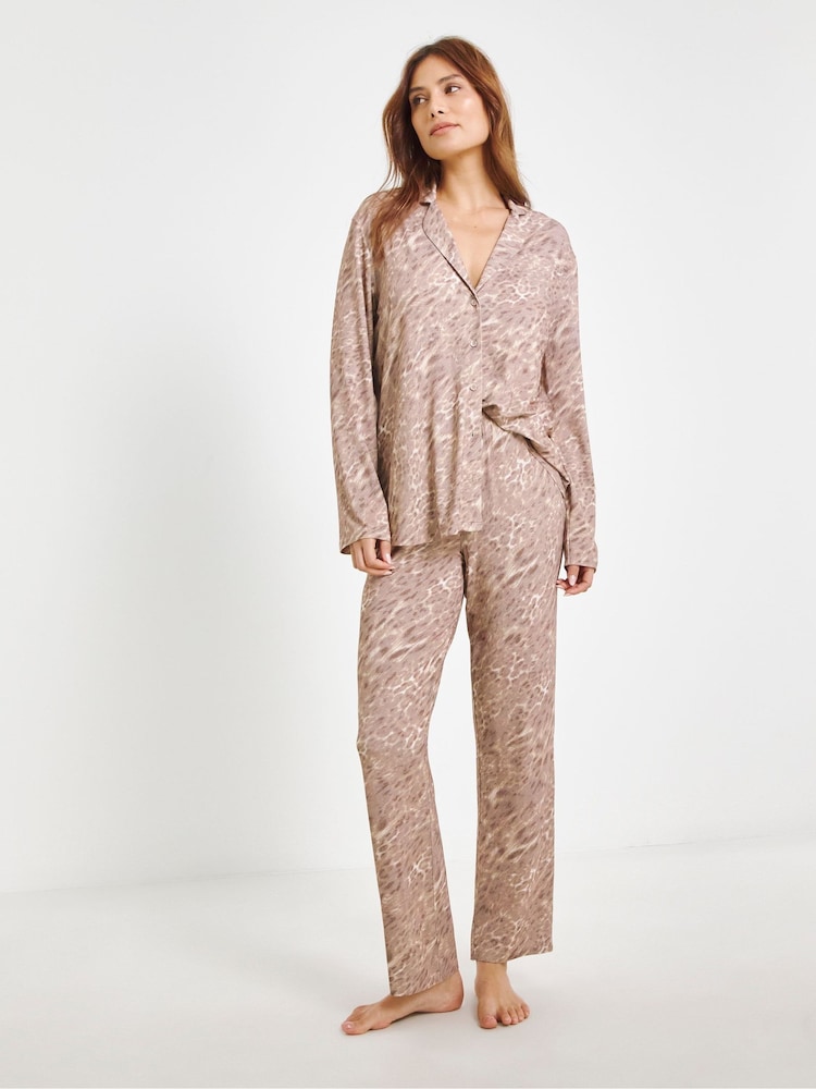 JD Williams Brown Animal Print Button Through Pyjama Set - Image 1 of 4