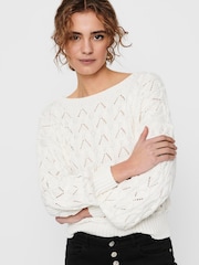 ONLY Cream Boatneck Pointelle Knitted Jumper - Image 2 of 5