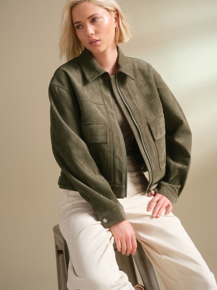 Khaki Green Faux Suede Zip Through Jacket - Image 1 of 8