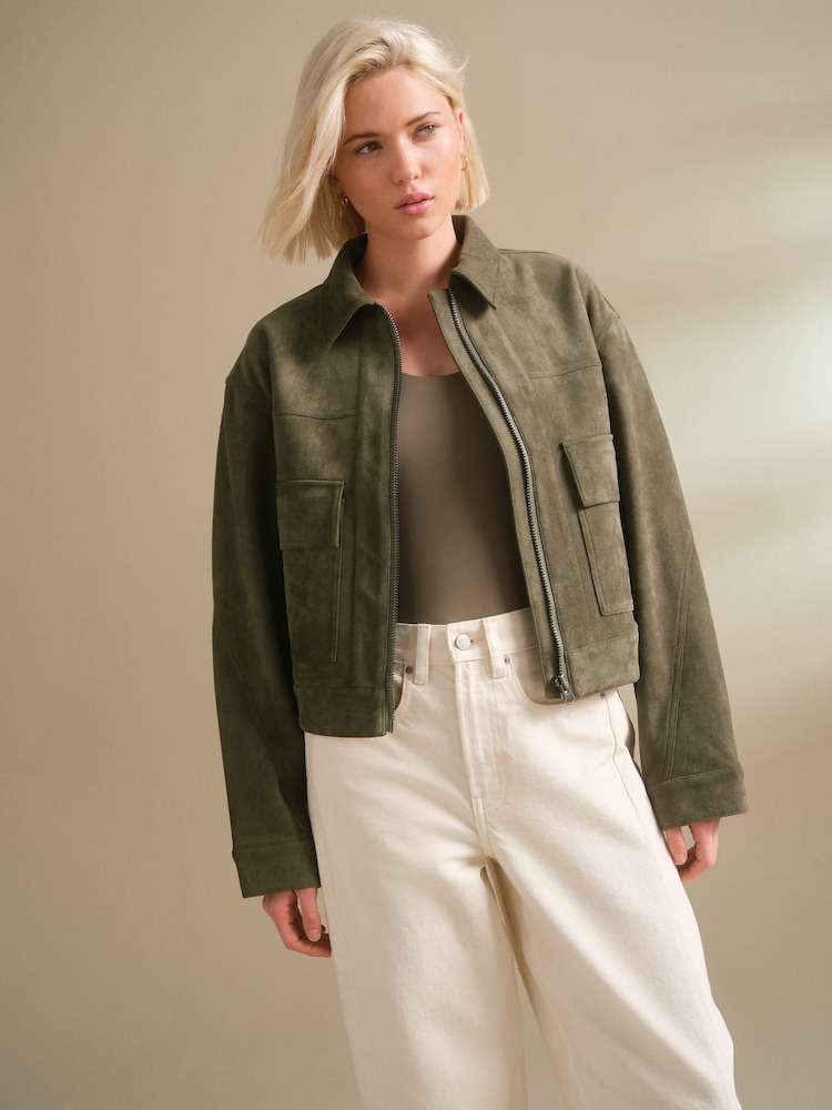Khakigrün - Faux Suede Zip Through Jacket - Bild 2 von 8 Khakigrün - Faux Suede Zip Through Jacket - Bild 2 von 8