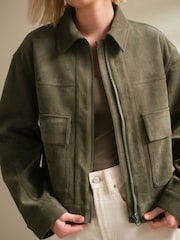 Khaki Green Faux Suede Zip Through Jacket - Image 5 of 8