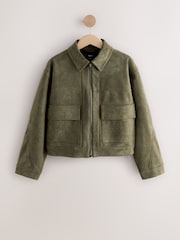 Khaki Green Faux Suede Zip Through Jacket - Image 6 of 8