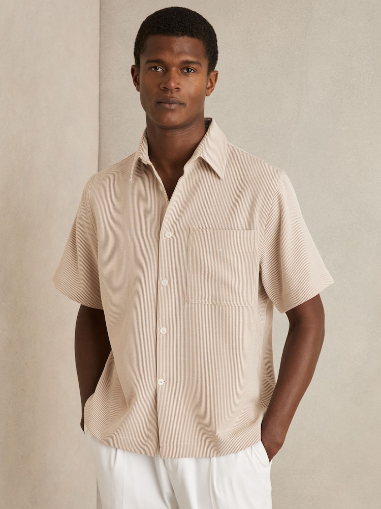 Reiss Oatmeal/White Sensei Seersucker Stripe Shirt - Image 1 of 6