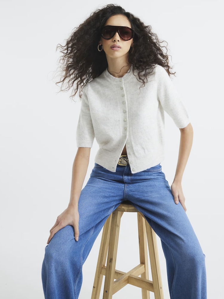 Cream - River Island kratek rokav; s kratkimi rokavi Button pletena jopa - Slika 1 iz 6
