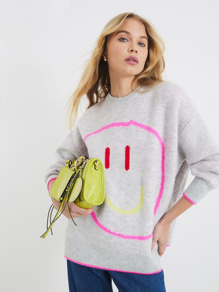 River Island Grey Oversized Smiley Jumper - Image 1 of 6 River Island Grey Oversized Smiley Jumper - Image 1 of 6
