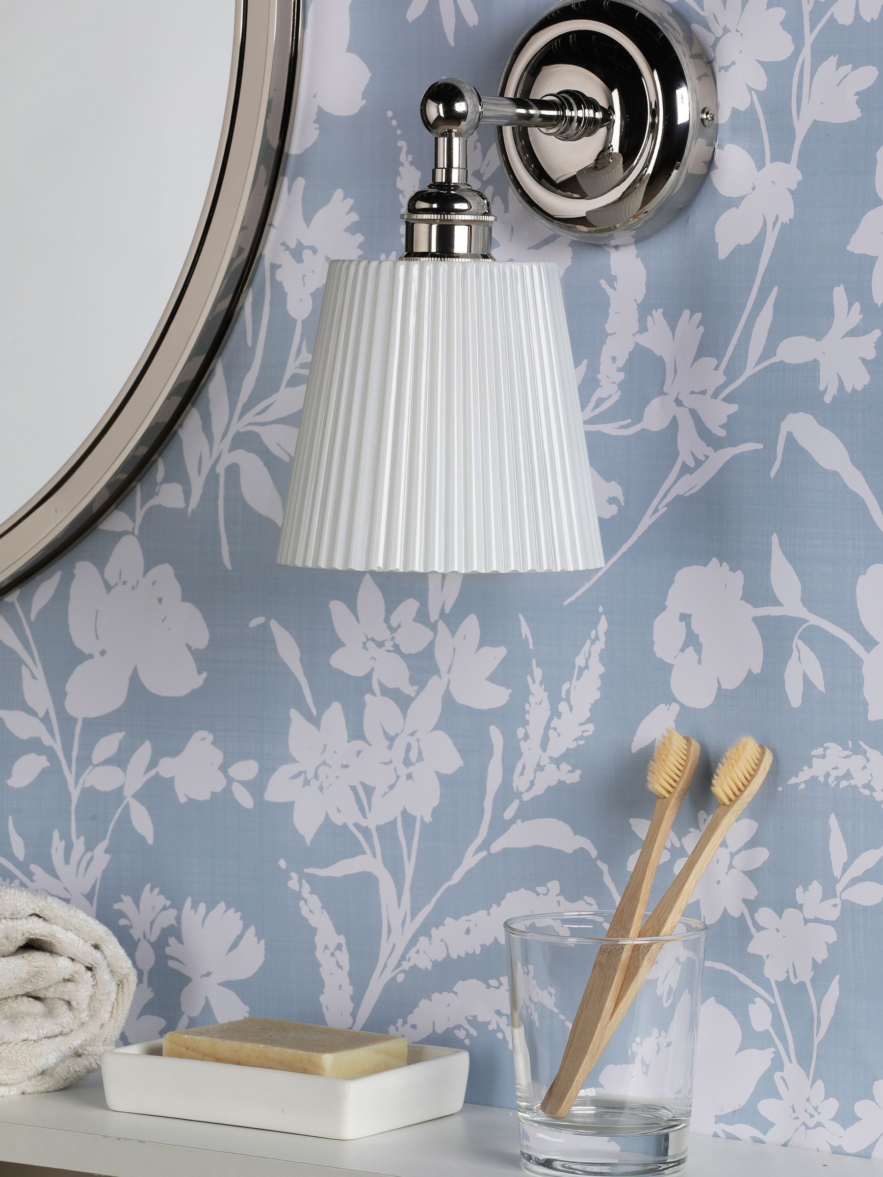 Laura Ashley Callaghan Bathroom IP44 Polished Nickel & White Ribbed Glass Wall Light