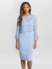 Gina Bacconi Blue Pippa Beaded Jacket With Fluted 3/4 Sleeve And Crepe Shift Dress - Image 1 of 5