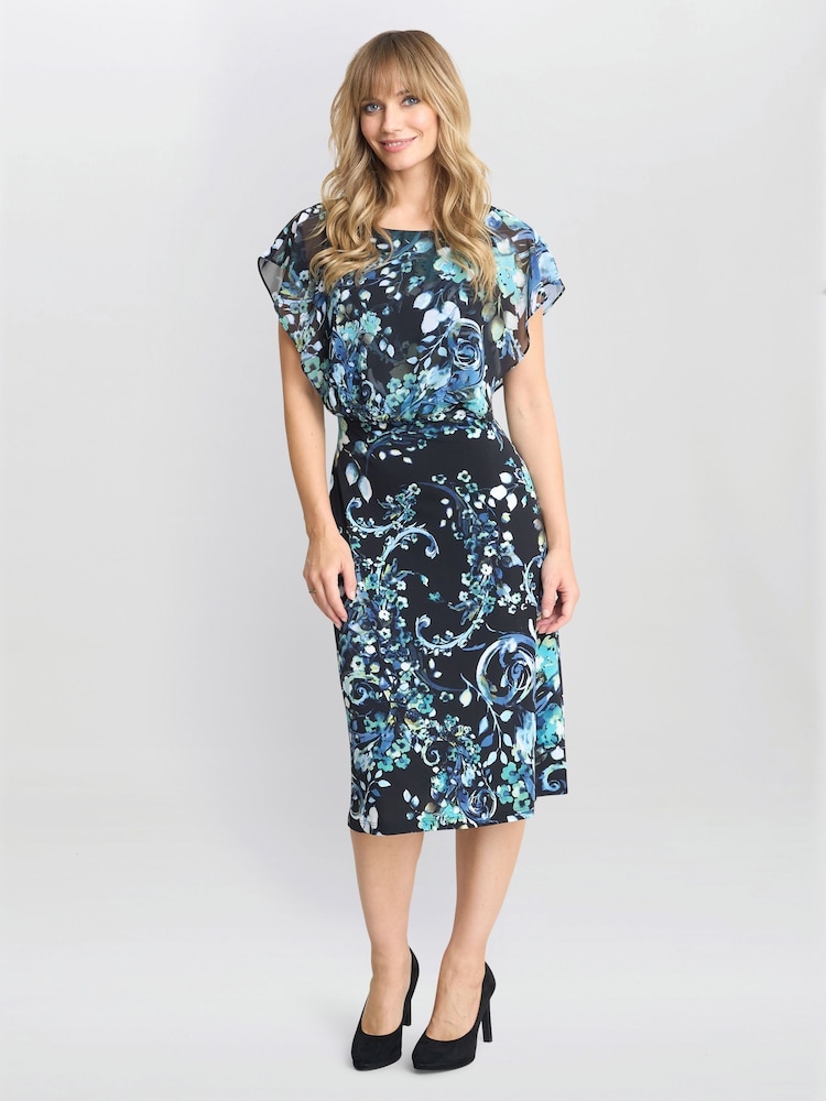Gina Bacconi Lisa-Marie Printed Chiffon Blouson Black Dress - Image 1 of 4