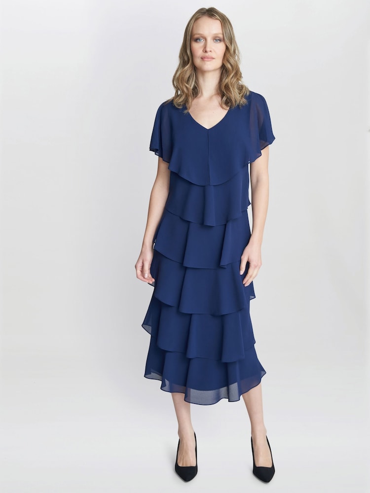 Rebecca Midi Tiered Dress With Shoulder Trim - Image 1 of 5