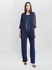 Gina Bacconi Blue Joelle Embroidered Two Piece Trouser Suit With Detachable Necklace - Image 1 of 4