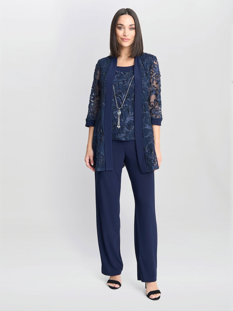 Gina Bacconi Blue Joelle Embroidered Two Piece Trouser Suit With Detachable Necklace - Image 1 of 4