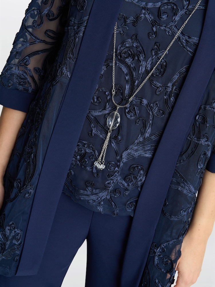 Gina Bacconi Blue Joelle Embroidered Two Piece Trouser Suit With Detachable Necklace - Image 4 of 4