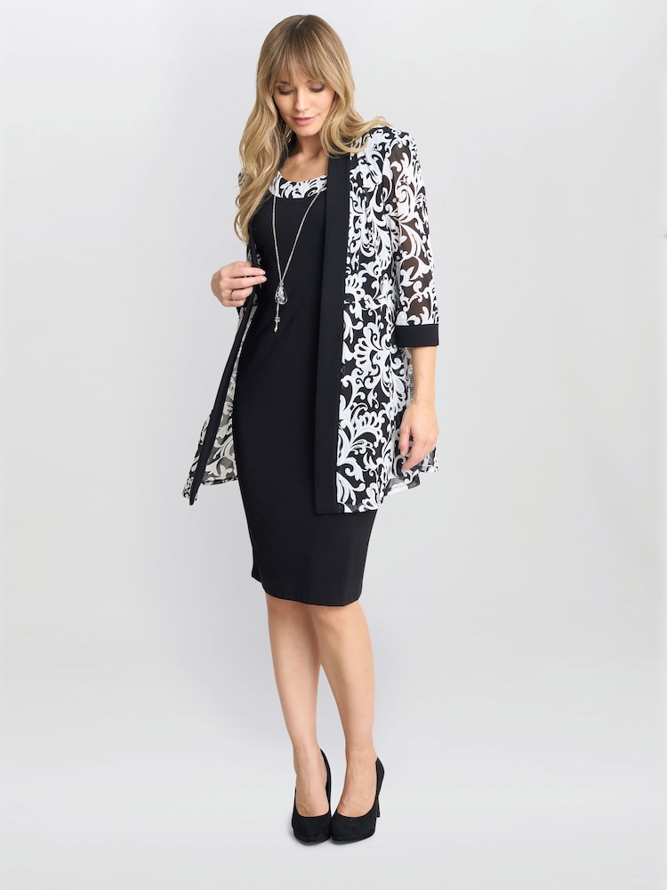 Gina Bacconi Noella Printed Black Dress And Jacket Set With Detachable Necklace - Image 1 of 5