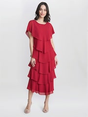 Gina Bacconi Red Tessa Midi Tiered Dress With Shoulder Trim - Image 1 of 4