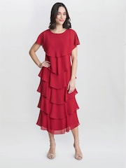 Gina Bacconi Red Tessa Midi Tiered Dress With Shoulder Trim - Image 3 of 4
