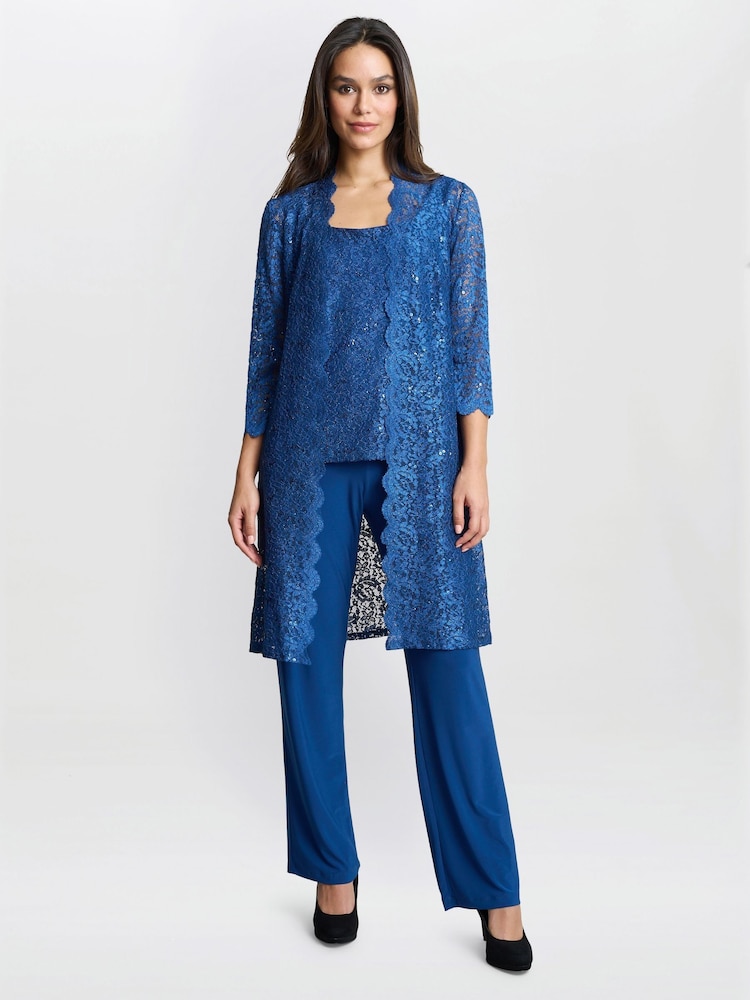 Gina Bacconi Blue Brea Three Piece Metallic Lace Trousers Suit - Image 1 of 6