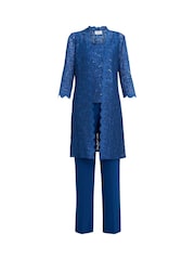 Gina Bacconi Blue Brea Three Piece Metallic Lace Trousers Suit - Image 6 of 6