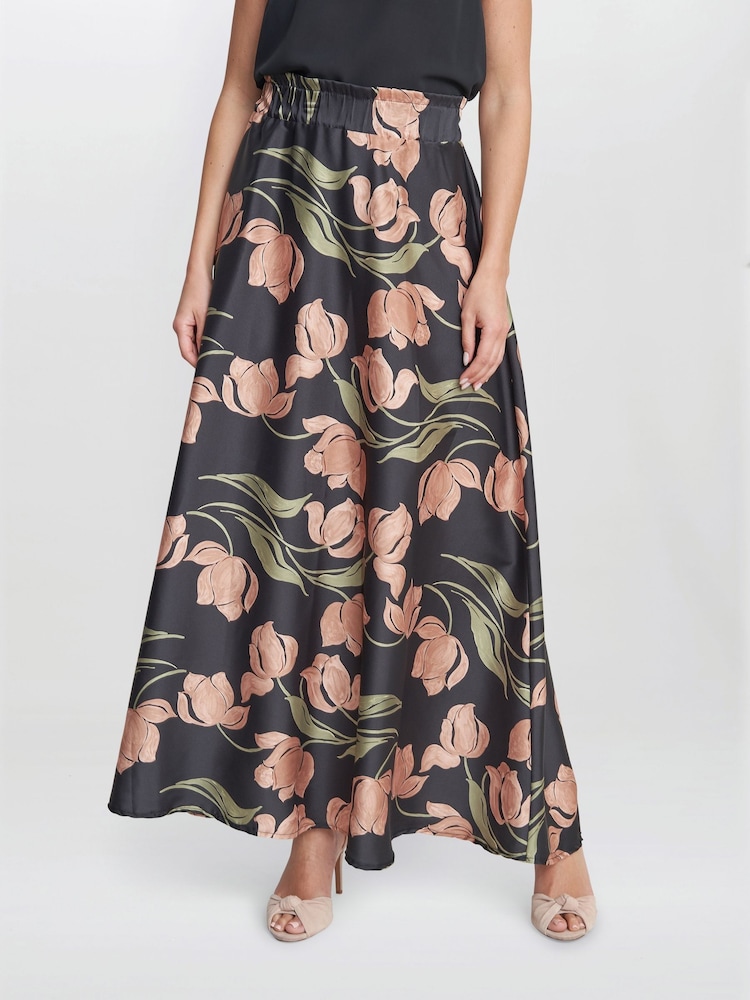 Gina Bacconi Dakota Satin Elastic Waist Black Skirt - Image 1 of 4