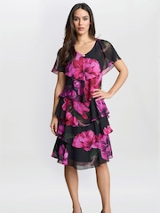 Gina Bacconi Skylar Short Printed Floral Tier Black Dress - Image 1 of 5