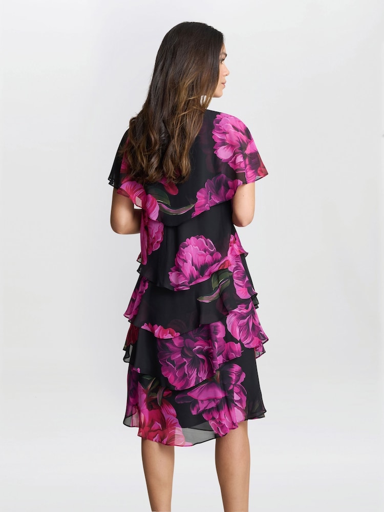 Gina Bacconi Skylar Short Printed Floral Tier Black Dress - Image 2 of 5