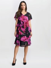 Gina Bacconi Skylar Short Printed Floral Tier Black Dress - Image 3 of 5