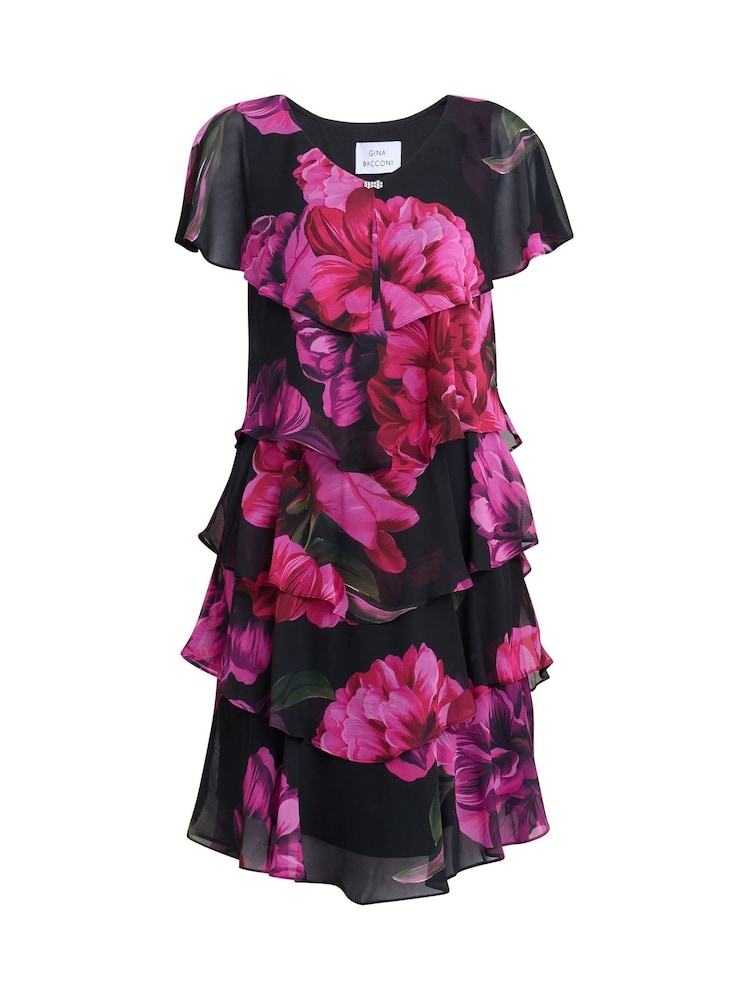 Gina Bacconi Skylar Short Printed Floral Tier Black Dress - Image 5 of 5