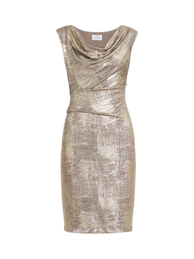 Gina Bacconi Gold Payton Foil Print Cowl Neck Wrap Dress - Image 4 of 4