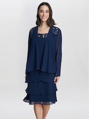 Gina Bacconi Blue Leigh Embellished Tiered Sequin Jacket Dress - Image 1 of 5