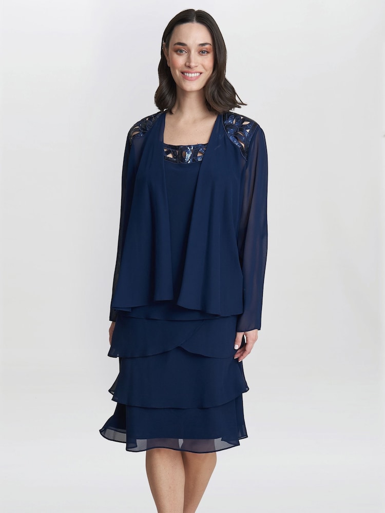 Gina Bacconi Blue Leigh Embellished Tiered Sequin Jacket Dress - Image 1 of 5