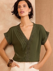 Love & Roses Khaki Green Lace Trim V-Neck T-Shirt - Image 1 of 4
