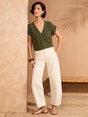 Love & Roses Khaki Green Lace Trim V-Neck T-Shirt - Image 2 of 4