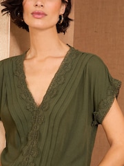 Love & Roses Khaki Green Lace Trim V-Neck T-Shirt - Image 3 of 4