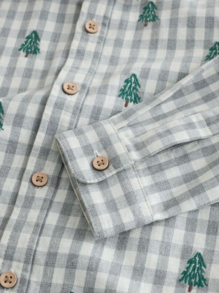 Grau/Ecru - Long Sleeve All Over Embroidery Gingham Check Christmas Shirt (3mths-7yrs) - Bild 7 von 7