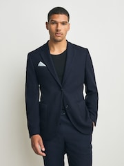 Navy Blue Slim Fit Smart Waffle Textured Blazer With Stretch - Image 1 of 11