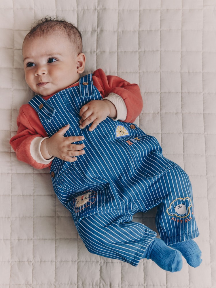 Bright Character Stripe Baby Denim Dungarees and Bodysuit Set (0mths-2yrs) - Image 1 of 4 Bright Character Stripe Baby Denim Dungarees and Bodysuit Set (0mths-2yrs) - Image 1 of 4