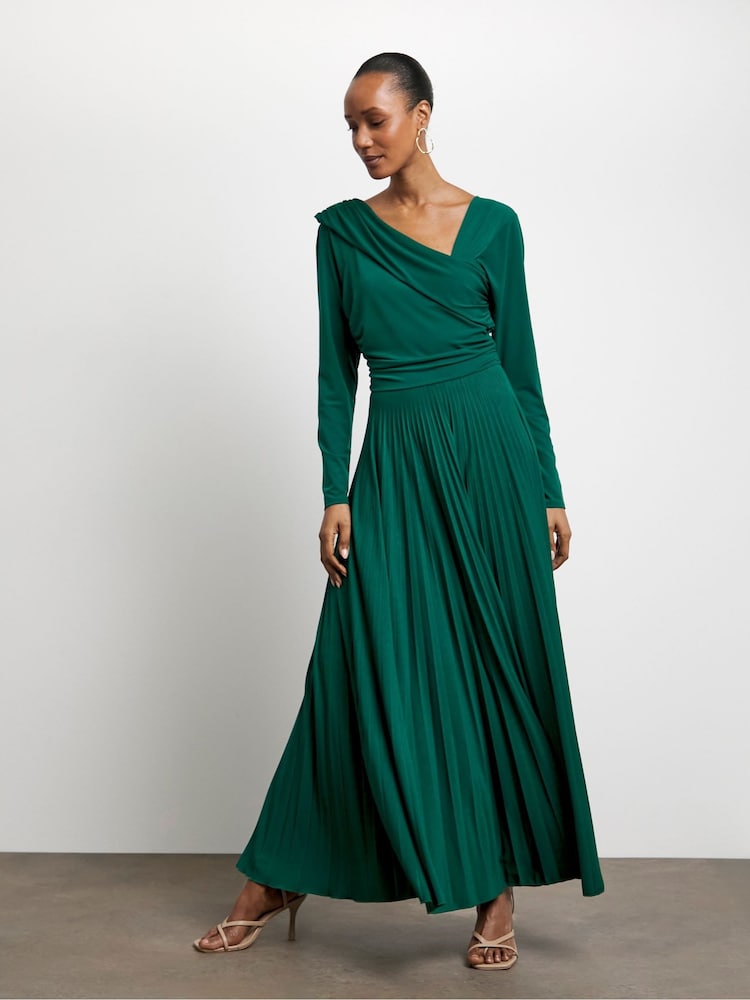 Joanna Hope Green Asymmetric Jersey Dress With Pleated Skirt - Image 3 of 4