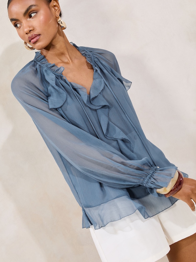 Lipsy Blue Ruffle Blouse - Image 3 of 5