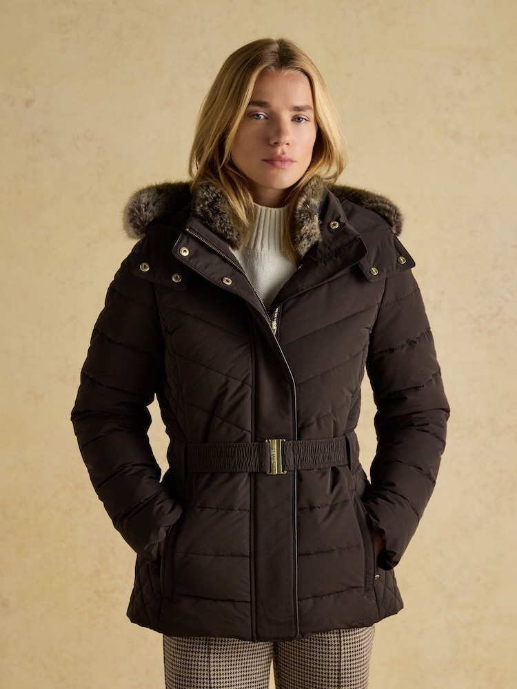 Joules Aspen Brown Showerproof Padded Coat with Faux Fur Hood - Image 1 of 12