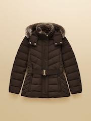 Joules Aspen Brown Showerproof Padded Coat with Faux Fur Hood - Image 12 of 12