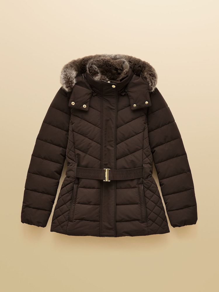 Joules Aspen Brown Showerproof Padded Coat with Faux Fur Hood - Image 12 of 12