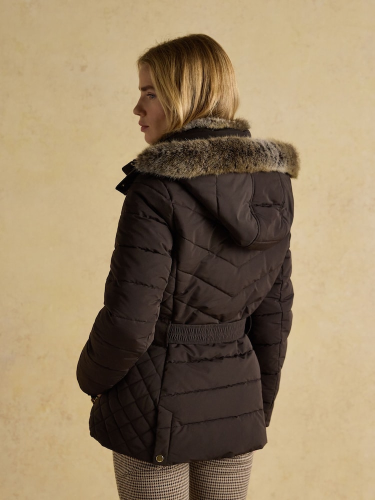 Joules Aspen Brown Showerproof Padded Coat with Faux Fur Hood - Image 2 of 12